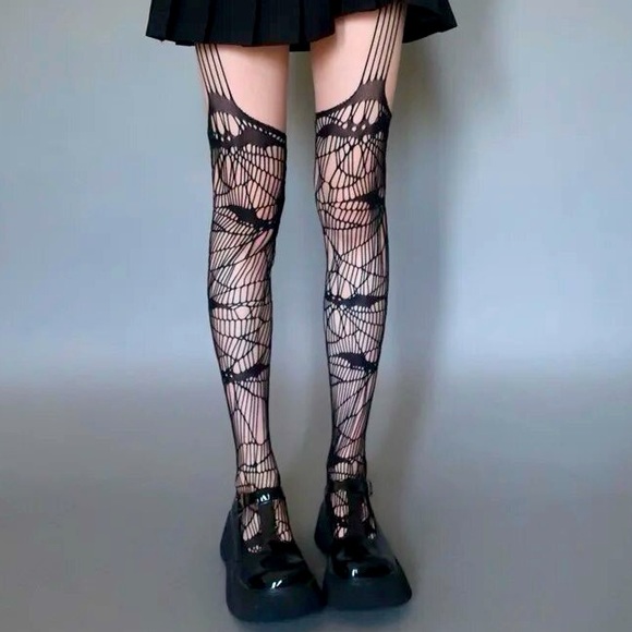 NWT bat web fishnet tights open crotch spider gothic punk edgy stockings black - Picture 3 of 11